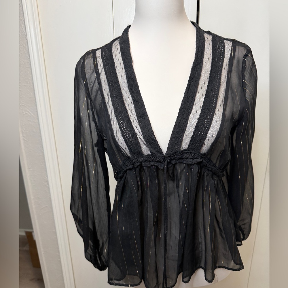 Zara Black Sheer Blouse with Gold Accents - Picture 5 of 10
